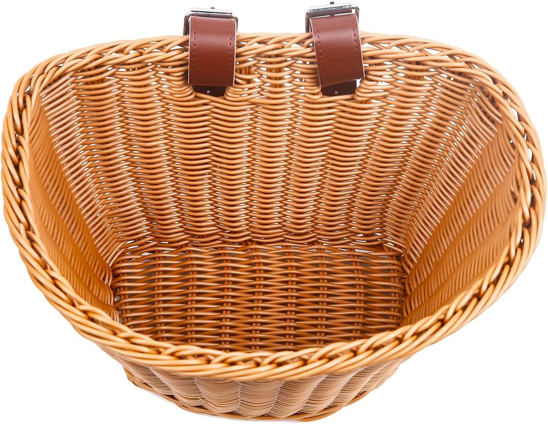 Bike Basket, Front Handlebar Storage Basket with Adjustable Leather Straps, Bicycle Accessories, Hand Woven, Waterproof (Brown(11 * 8.5 * 8 in)
