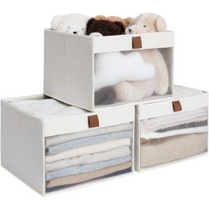 StorageWorks Closet Storage Bins, Large Storage Baskets with Clear Window and Handles, Foldable Fabric Organizer for Clothes, Shelves, Beige, 3 Pack