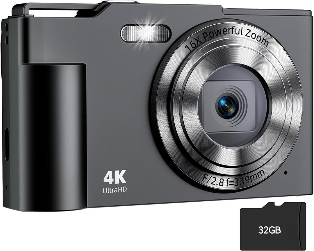 Digital Camera, FHD 4K Digital Point and Shoot Camera with 16X Zoom Anti Shake, 48MP Compact Small Camera with 32GB Card for Boys Girls Kids