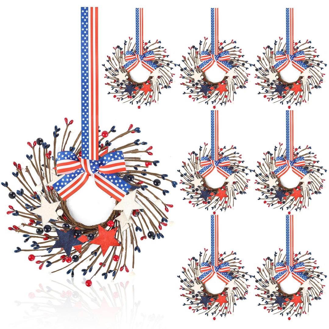 6 PCS Small Patriotic Wreath Mini 4th of July Wreaths for Kitchen Cabinets Farmhouse Artificial Red White Blue Stars Memorial Day Windows Wreaths for Independence Day Porch Wall Decor