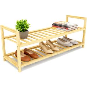 2 Tier Bamboo Wooden Shoe Rack for Closet & Entryway, Free Standing Shoe Rack Stand Organizer Shelf for Garage, Bedroom, Small Space Storage, Stackable