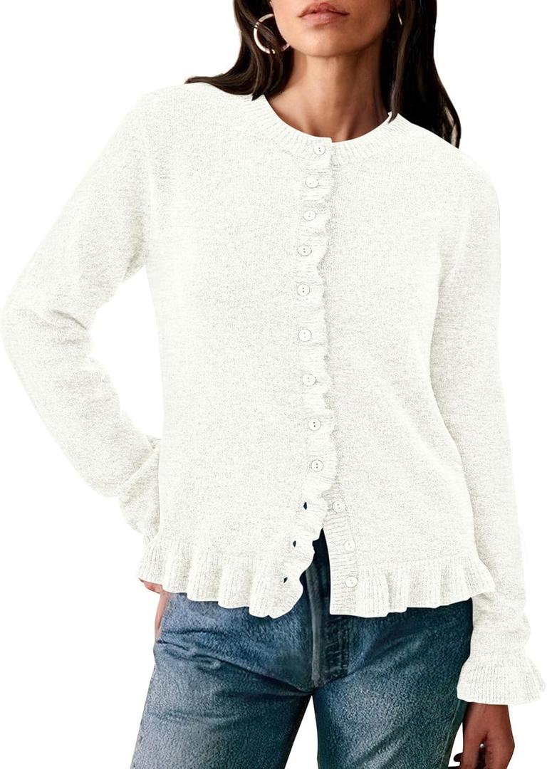 PRETTYGARDEN Womens Fall Button Down Cardigans Chunky Knit Ruffle Open Front Cropped Cardigan Sweaters Soft Long Sleeve Tops (XX-Large, White)