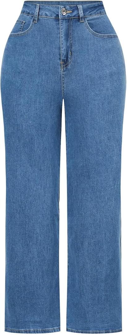 THUNDER STAR Womens High Waisted Wide Leg Jeans Stretchy Distressed Denim Pants, 12, M Blue