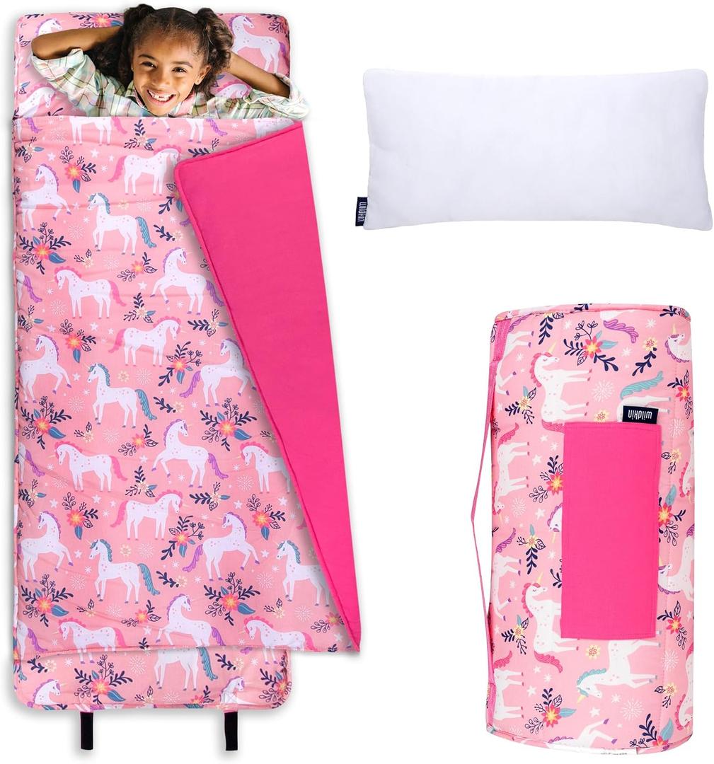 Wildkin Kids Nap Mat with Pillow for Girls – Soft & Cozy Toddler Sleep Mat for Daycare, Preschool, Kindergarten & Travel, Ages 3–7, Machine Washable – Magical Unicorns