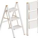 3 Step Ladder, Foldable Step Stool with Anti-Slip Pedal, Portable Iron Stepladder for Home and Kitchen, Easy to Store-Cream Chocalate(300LBS)