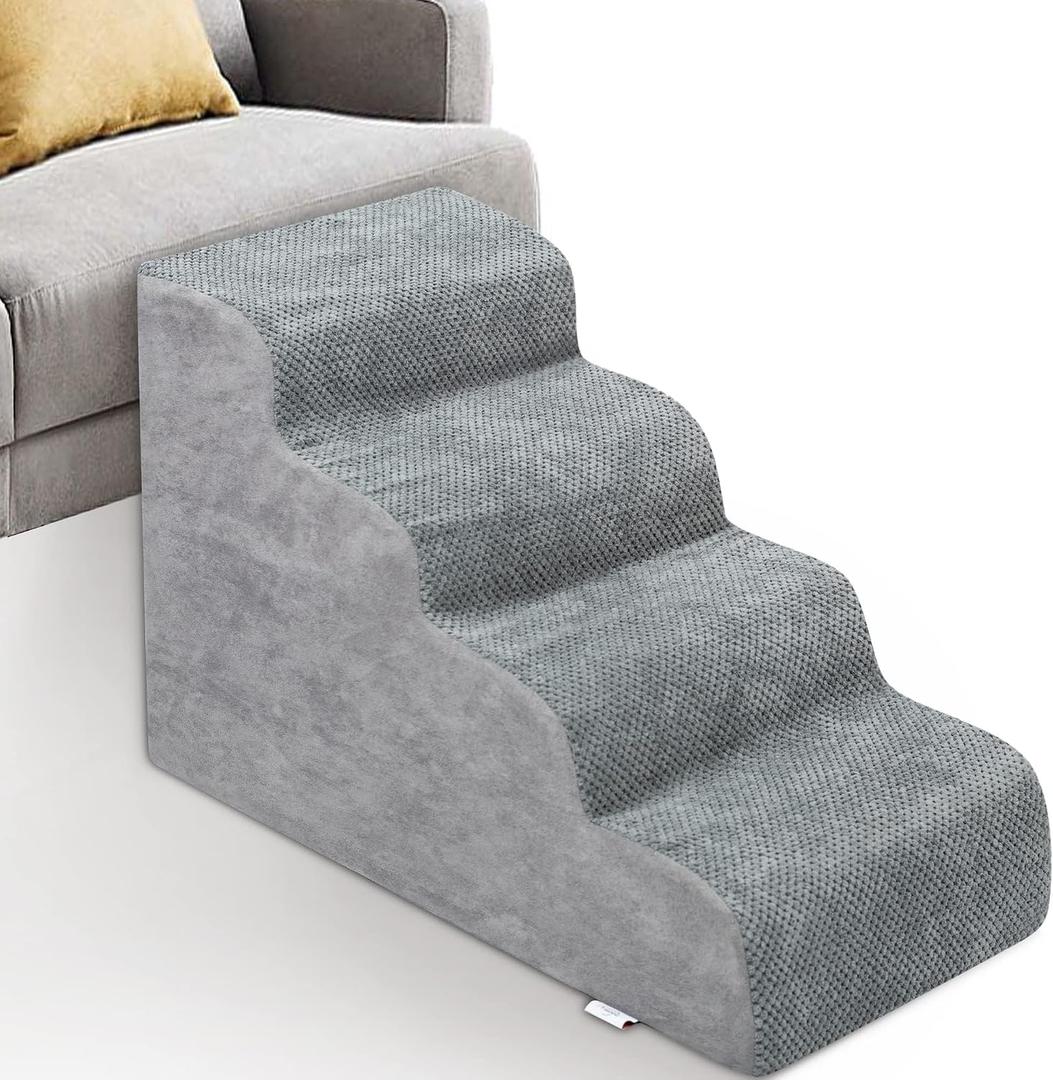 Dog Stairs for Small Dogs - High Density Foam Dog Ramp, Extra Wide Pet Steps with Non-Slip Bottom for High Beds, Couche and Sofa, Best for Pet Injured, Older Dogs Cats (Grey, 4 Steps)
