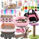 40 Pcs Kitten Starter Kit - Indoor Cat Supplies, Includes Litter Box, Toys, Collars, Bed, Scratch Pad, Nail File, Feed Bowls (Pink)