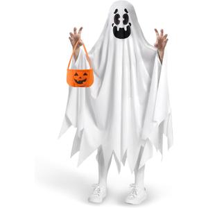 Spooktacular Creations Ghost Costume for Kids with Pumpkin Basket, Scary Halloween Costume for Boys (White)