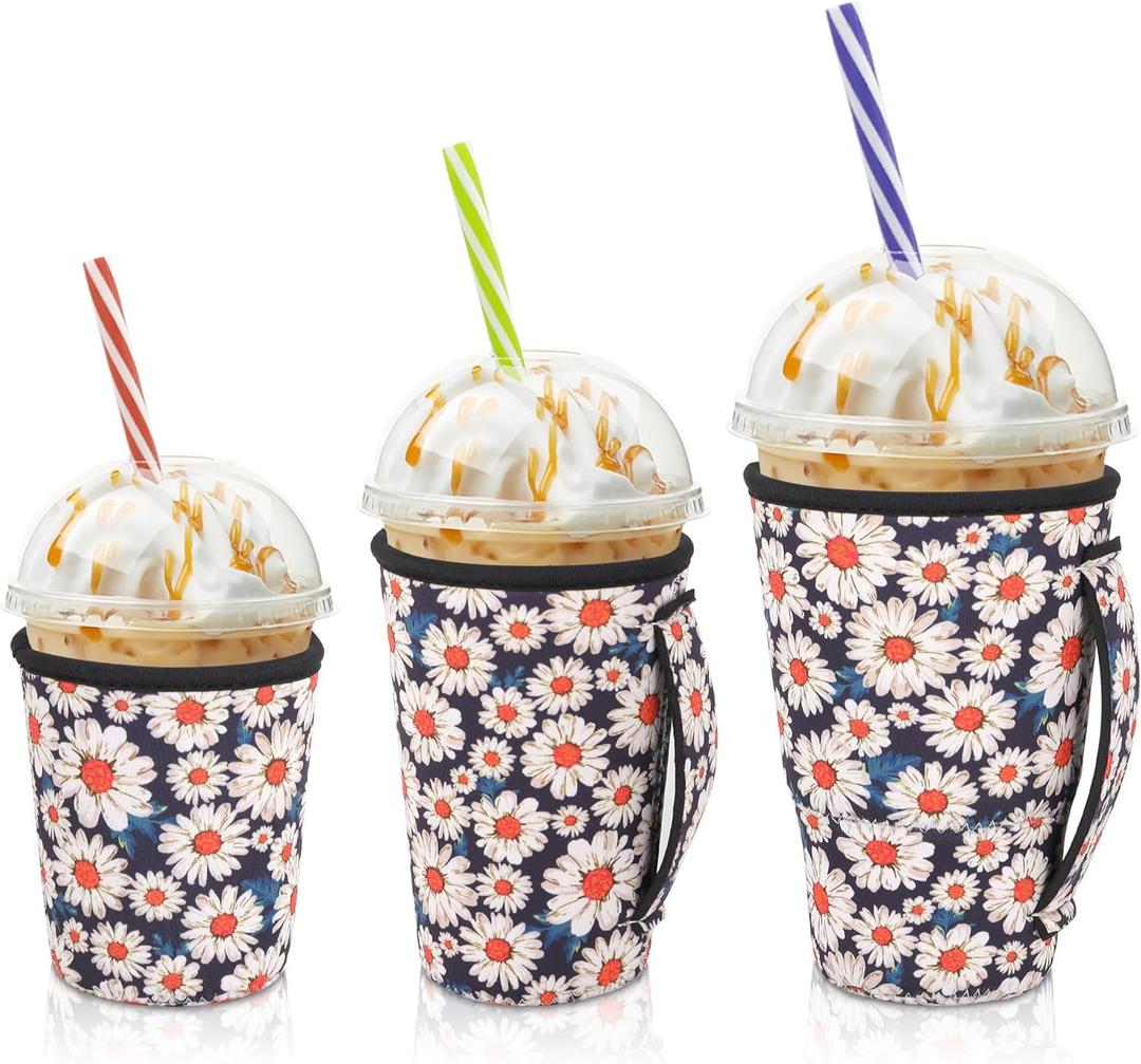 Iced Coffee Sleeve Insulator Sleeves for Cold Drinks Beverages, 3 Pack Reusable Neoprene Cup Sleeve with Handle for 16-32oz Coffee cups(Daisy Blooming)