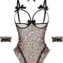 Avidlove Womens Lingerie Bodysuit 4 Piece Set Sheer Mesh Teddy Babydoll with Detachable Collar and Wrist Cuffs (Black, S)