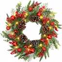 24 Inch Christmas Wreath for Front Door with Lights Snowy Winter Wreath Red Balls Pine Needles Pinecones Red Berries for Wall Window Holiday Party Xmas Decor
