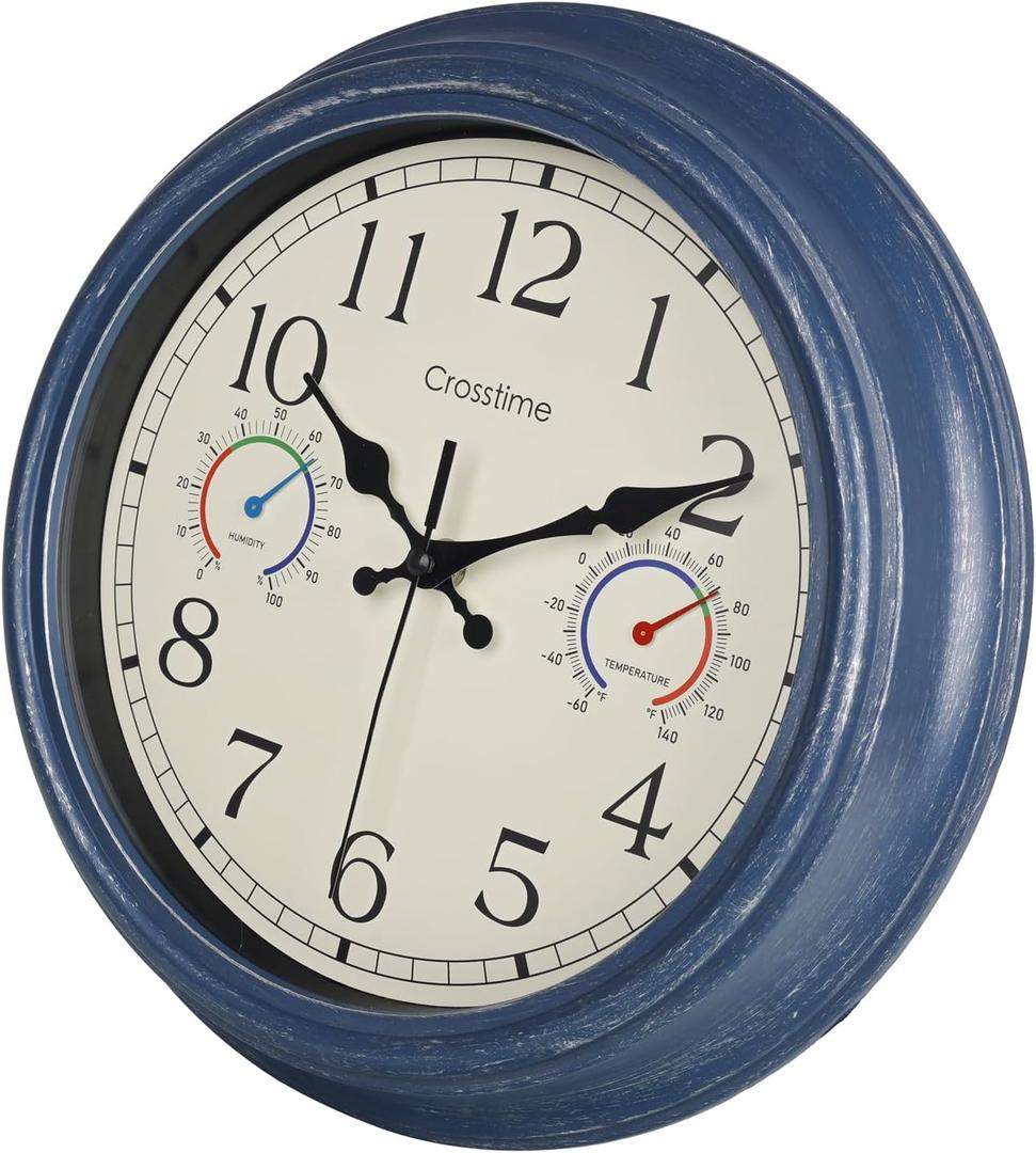 Outdoor Clock with Thermometer and Hygrometer Combo, Rustic Vintage Waterproof Indoor Outdoor Wall Clocks for Patio Pool Garden Home Decor- 12 Inch Blue