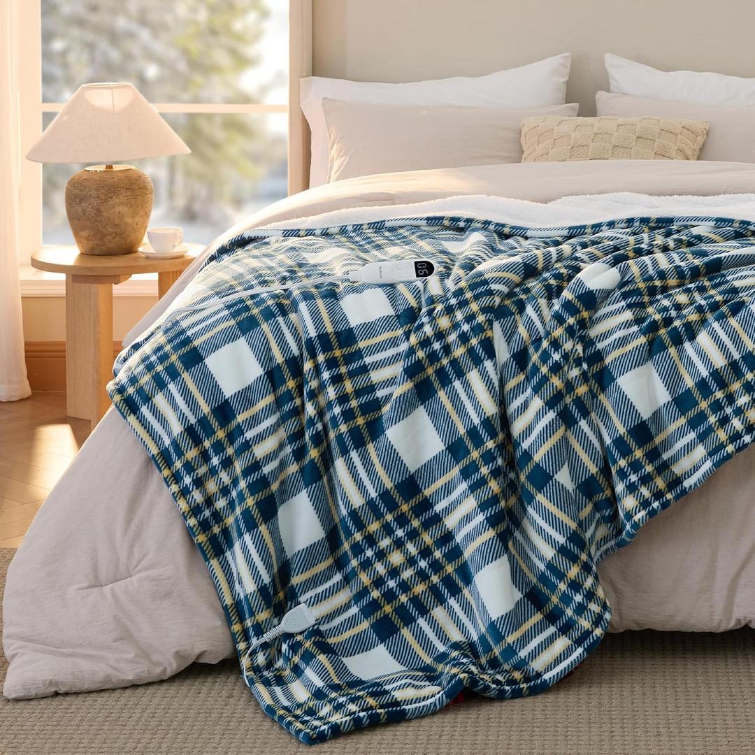 Bedsure Plaid Electric Blanket Twin - Flannel Sherpa Heated Blanket with Plaid Pattern, Heating with 6 Heating Levels, 10 Time Settings, 8-Hour Auto-Off, Warm Gifts for Grandma (Blue, 62"x84")