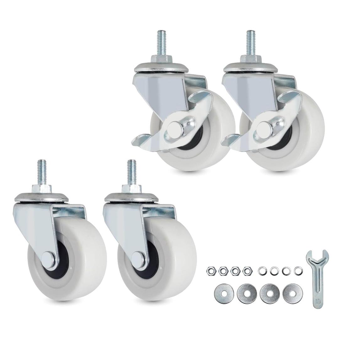 M6-1.0 Threaded Stem Caster Wheels, 2 Inch PVC Silent Castors, M6 x 15mm Replacement Wheels for Utility Shelf, Small Rolling Cart, Kitchen/Laundry Rack, Set of 4 (2 Brake, 2 Swivel)