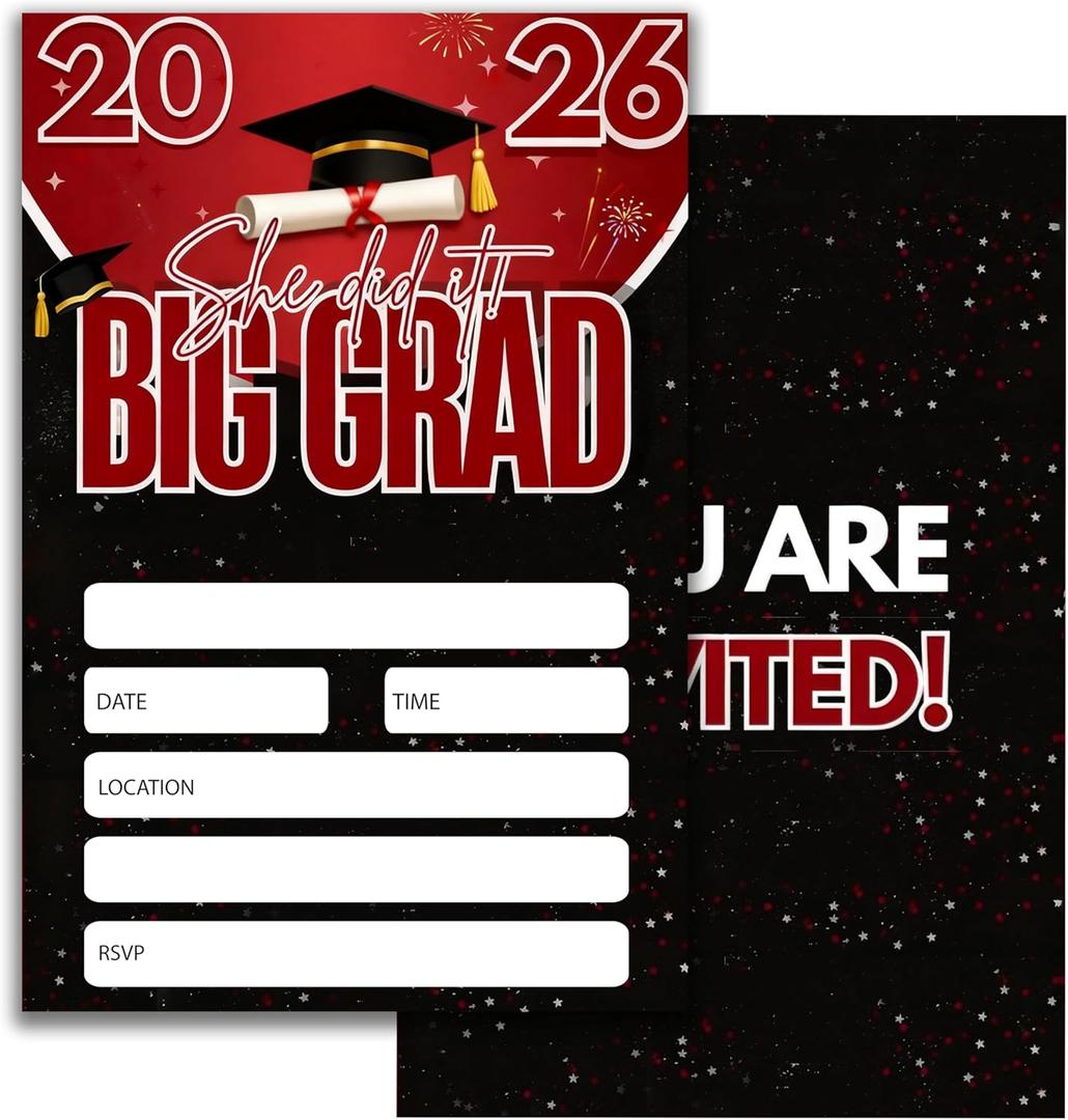 Simple Black and Red Graduation Invitations, Graduation Invitations for Teens Boys Girls, Class of 2026 Graduation Party Invitations, Big Grad Celebration Invite