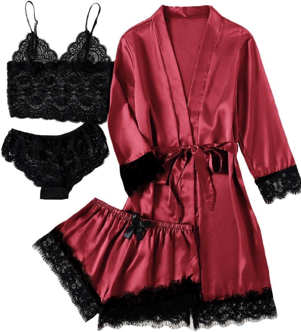 LYANER Women's 4pcs Sleepwear Satin Floral Lace Trim Cami Pajama Set with Robe (Pure Wine Red), Large