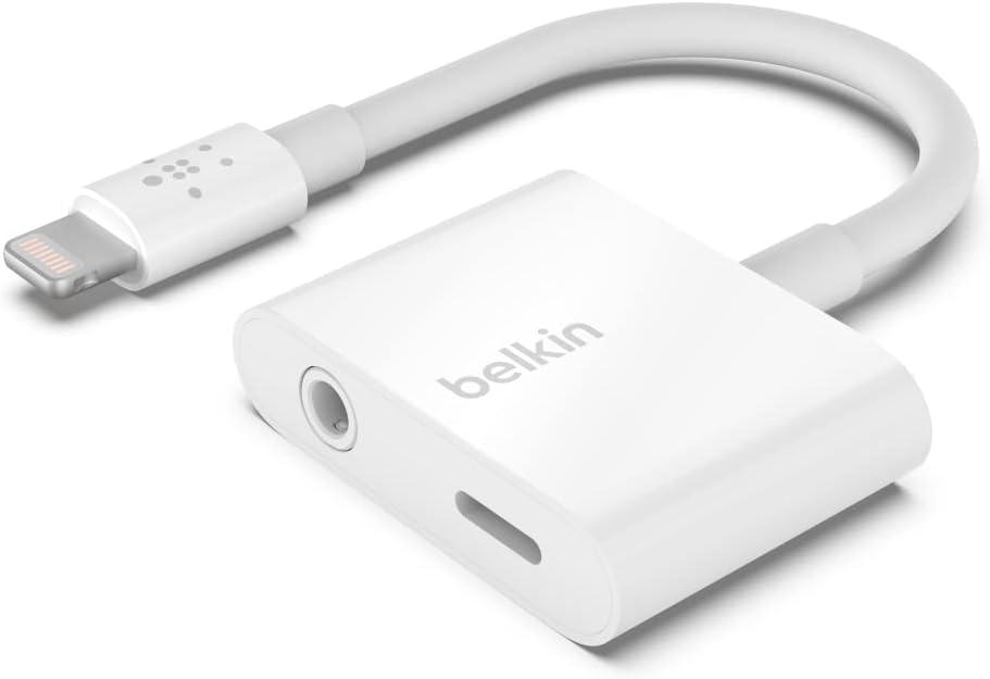 Belkin RockStar Lightning Audio Cable and Charger for iPhone 14, 13, 12, 11, 10 - White