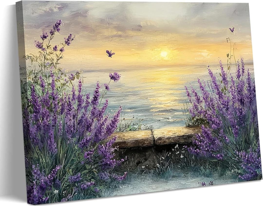 Tertiosh Coastal Sunset Lavender Canvas Wall Art Still Life Seascape Wall Decor Picture Floral Print Beach Theme Painting Artwork for Modern home decoration for living room and bedroom 16x24in, 24L"x16W"