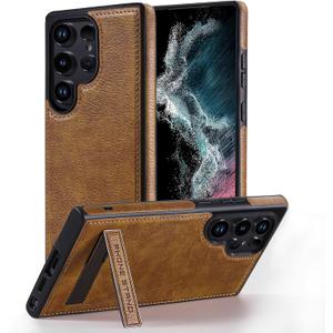 Leather Case with Stand for Samsung Galaxy S25 Ultra Case, Protective Soft Grip Luxury Cover for Men, Protective Slim Kickstand Shockproof Phone Cases Compatible with S25 Ultra, Brown