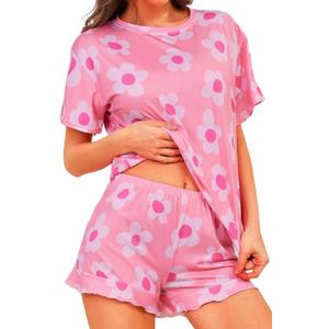Pajama Set for Women 2 Piece Sleepwear Short Sleeve Tops and Shorts Soft Print Lounge Set, Size: L