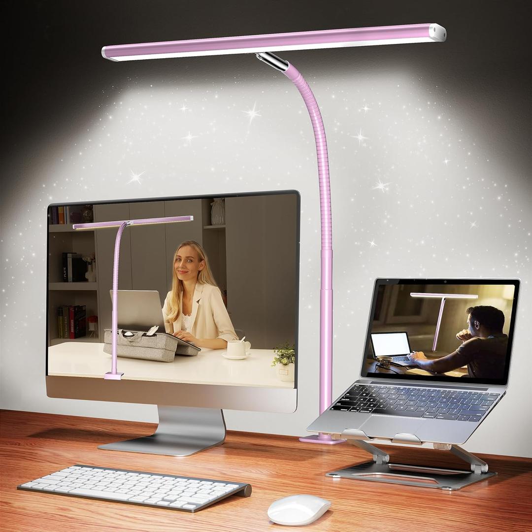 Airlonv LED Desk Lamp for Office Home, Eye-Caring Desk Light with Stepless Dimming Adjustable Flexible Gooseneck, 10W USB Adapter Desk Lamp with Clamp for Reading, Study, Workbench (Pink) (Standard)