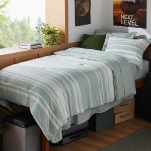 Bedsure Twin XL Comforter Set 5 Pieces, Sage Green Striped Bedding Set for All Seasons, Reversible, Cationic Dyeing Bed in a Bag with Comforter, Sheets, Pillowcase & Sham