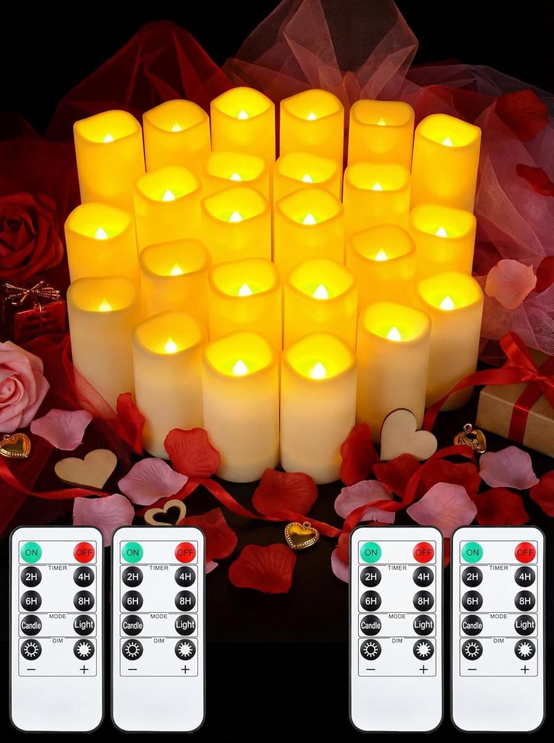 Funtery 24 Pcs Waterproof LED Candles with 4 Remote and Timers, Outdoor Flickering Flameless Candles Realistic Battery Operated Pillar Candles for Wedding Halloween Christmas Home Decorations, 4 Sizes