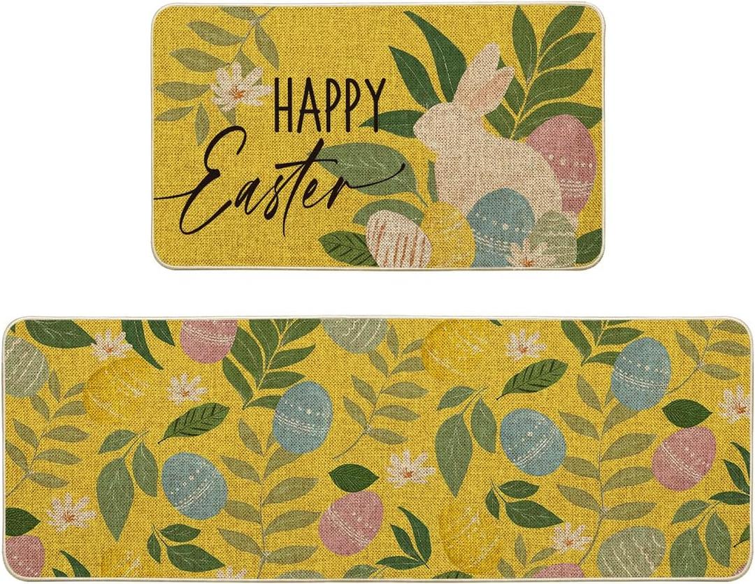 Artoid Mode Yellow Rabbit Bunny Leaves Easter Kitchen Mats Set of 2, Home Seasonal Spring Easter Holiday Holiday Party Mat - 17x29 and 17x47 Inch