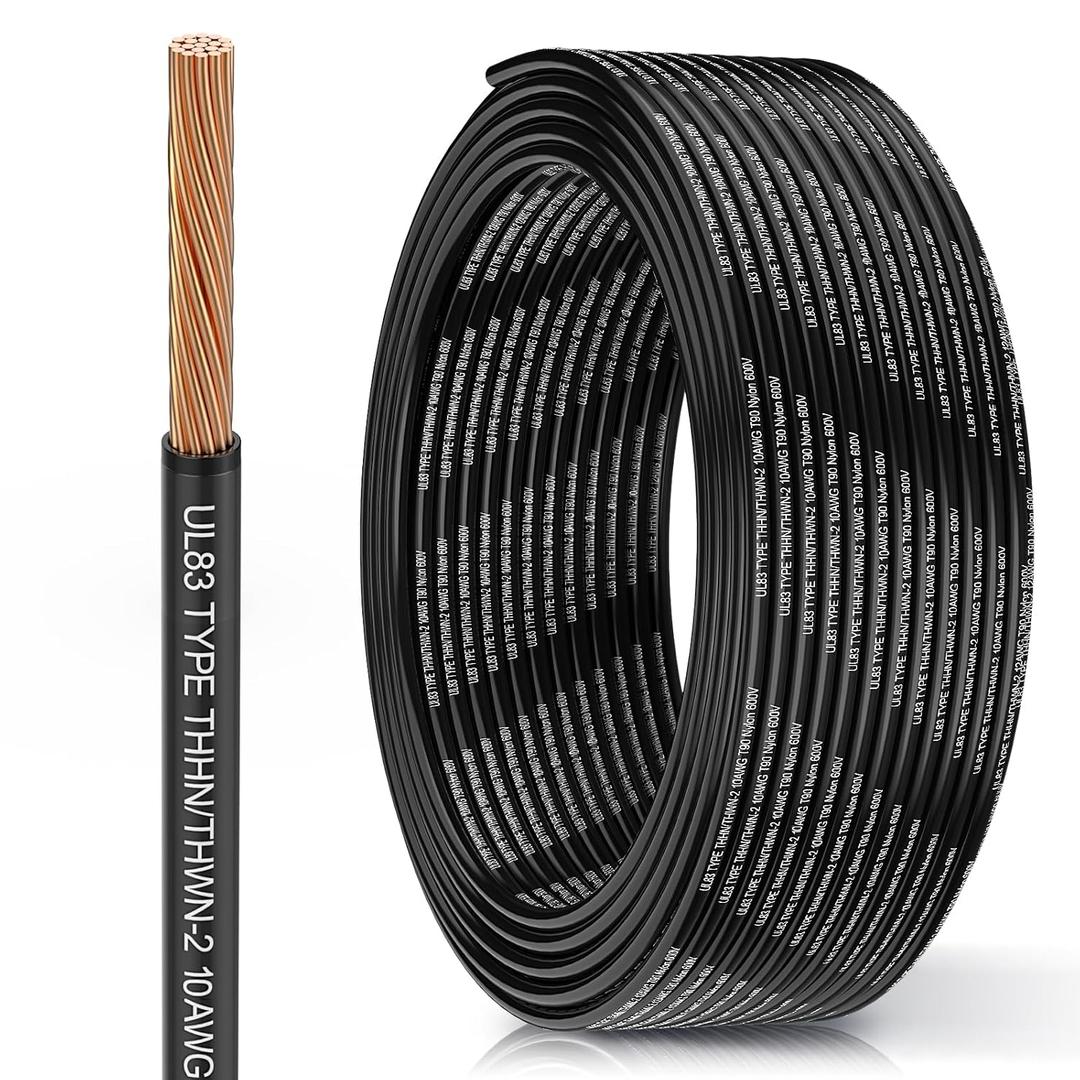 THHN Wire 10 Gauge 50FT, UL83 THHN/THWN-2 10 AWG Cable Stranded Copper with Nylon Jacket and PVC Insulation Building Wires for Residential, CNC, Panel Wiring, Circuit, Control(600V, Black)