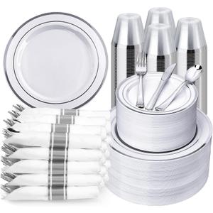 BESTVIP 700PCS Silver Plastic Dinnerware Set for 100 Guests, Disposable Plates for Party, Include: 200 Plastic Plates, 100 Pre Rolled Napkins with Silver Silverware, 100 Cups for Christmas, Halloween