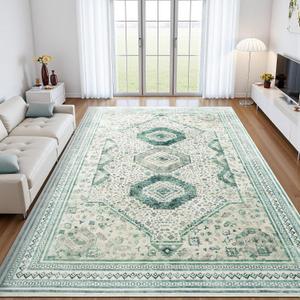 Maxsoft 5x8 Area Rugs for Living Room Bedroom, Large Vintage Prints Low-Pile Washable Rug with Non-Slip Backing, Soft Thin Throw Carpet for Dining Room Classroom Dorm Home Decor, Light Green