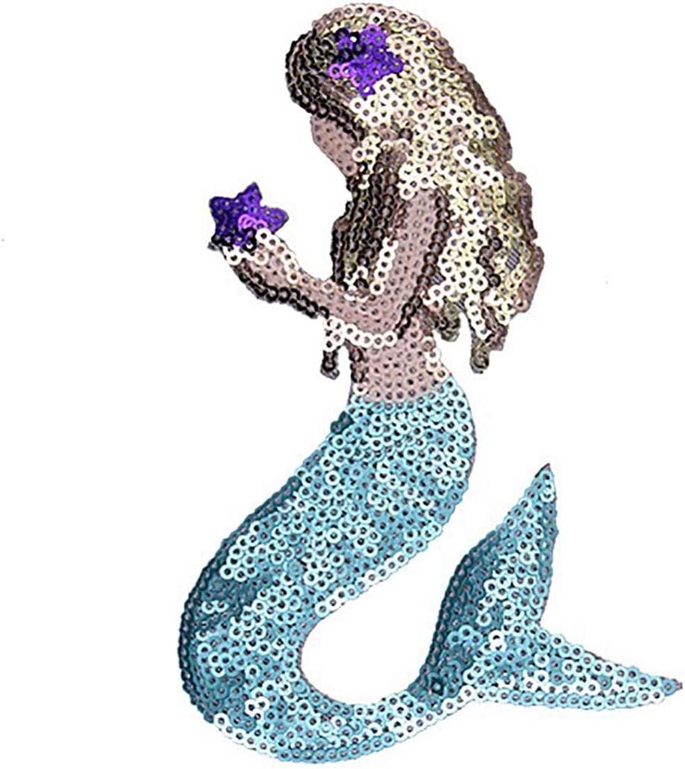 Mermaid Sequin Iron-on Patches, 8 inch, Beaded Embroidery Applique for Clothing, Jackets, Bags, Jeans,DIY Decor (5.7 inch)