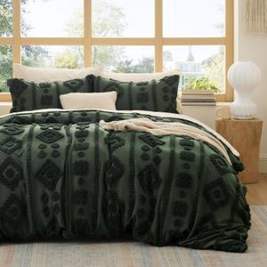 Bedsure Boho Duvet Cover Queen Size - Tufted Boho Bedding, Farmhouse-Style Distressed Vintage Embroidery Bedding for All Seasons, 3 Pieces, 1 Soft Jacquard Queen Comforter Cover and 2 Pillow Shams,  (90" X 90") Green 