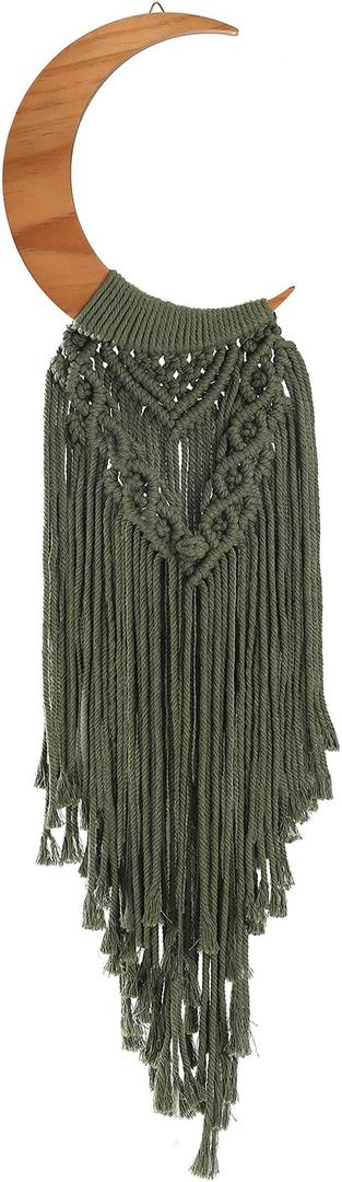 ANROYE Macrame Wall Hanging Boho Moon Decor, Bohemian Crescent Wooden Ornament with Long Tassel, Handmade Unique Wood Tapestry Home Decoration Wall Art Gift for Dorm Bedroom Nursery Living Room (Olive Green)