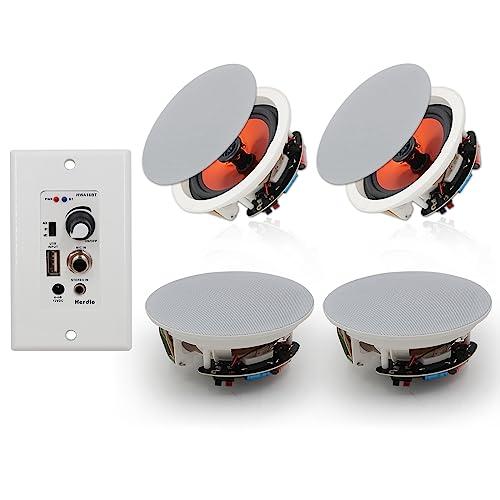Herdio 6.5'' Bluetooth in Wall in Ceiling Speakers 600W 2-Way Flush Mount Speakers System with Wall Amplifier Receiver for Home Theater Office (2Pairs, Paintable-Grille)