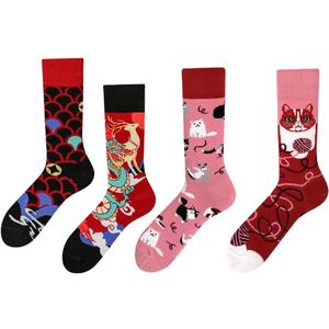 LifeEase Haven Personality AB Mid-Crew Socks for Adults, Unique Color Design, Comfortable for All-Day Use,Cat and Deer ( 2 Pairs )