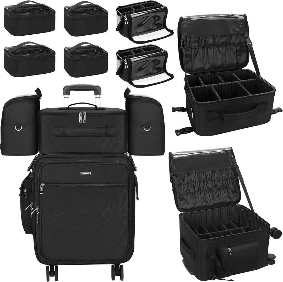 Relavel Rolling Makeup Case Professional Makeup Train Case, Rolling Makeup Kit Bag Makeup Artist Travel Bag with Wheels, 4-in-1 Portable Travel Beauty Trolley Case for Cosmetology Storage(Black)