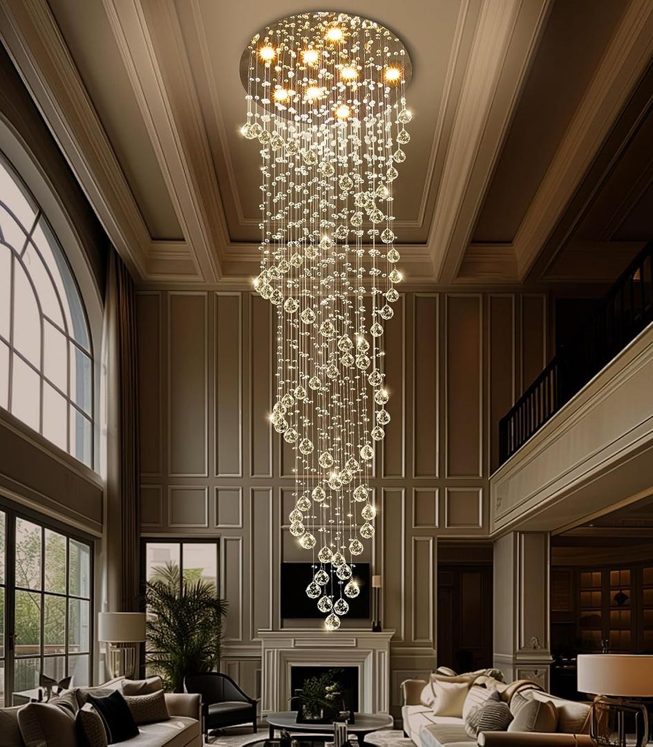 D24'' x H78'' Modern Large Crystal Chandelier for Foyer Raindrop Glam Chandeliers LED Dimmable High Ceiling for Staircaes Hallway Entryway Rain Lamp