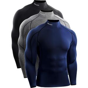 NELEUS Men's 3 Pack Athletic Compression Shirt Running Shirts (Heatlock Mock Neck:black/Grey/Navy Blue), M 