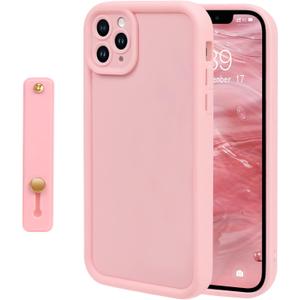 NITITOP Compatible with iPhone 11 Pro Case Cute Simple Design Stylish Enhanced Camera Protection with Wrist Adjustable Hand Strap Kickstand Grip Holder Touch Soft Protective Cover - Pink