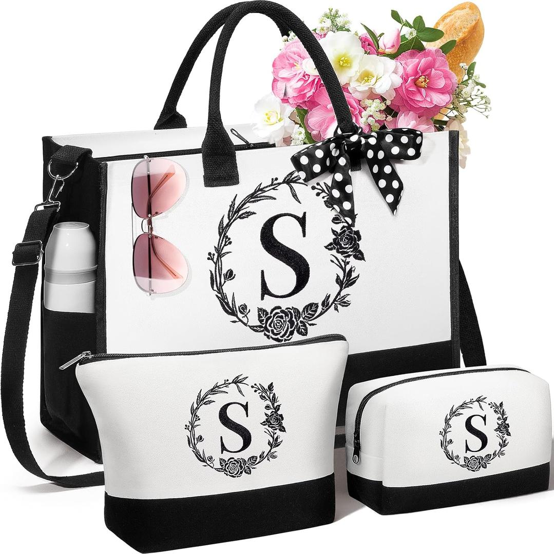 Personalized Gifts for Women, Initial Canvas Tote Bag & Makeup Bag Monogrammed Beach Tote Bags for Women w/ Zipper, Mothers Day Birthday Gifts for Mom Her Wife Girlfriend Sister Best Friend Teacher