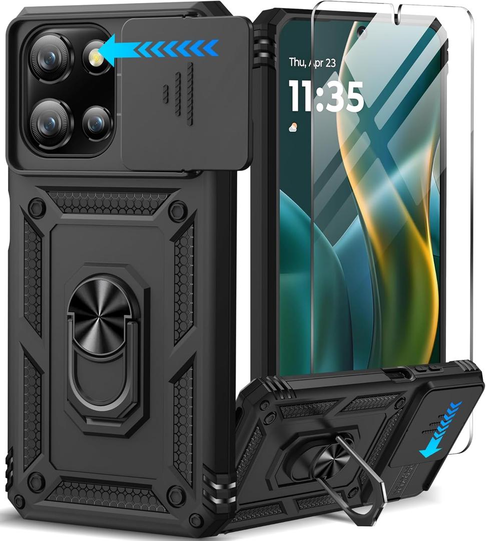 Taisairu for Motorola Moto G 2025/G 2026/G Play 2026 Case with Screen Protector & Slide Camera Lens Cover, Built-in Ring Stand Case for Moto G 2026/G 2025/G Play 2026 (Black)