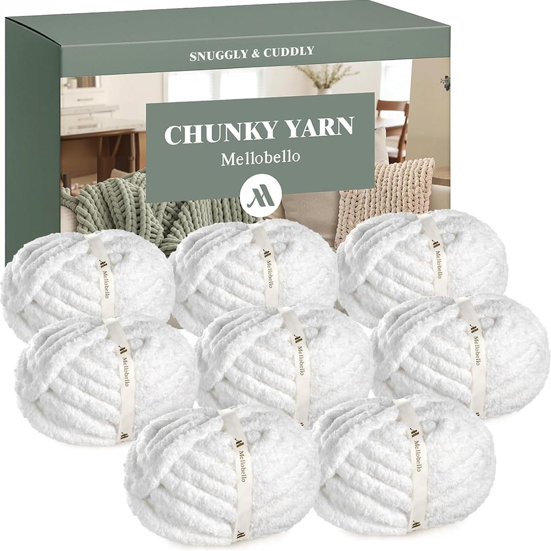 Jumbo Chenille Chunky Yarn for Crocheting - Super Bulky Fluffy Chunky Yarn for Hand Knitting - Extra Thick Soft Blanket Big Yarns 8 Jumbo Pack (27yds,8 oz Each Skein) Pure White