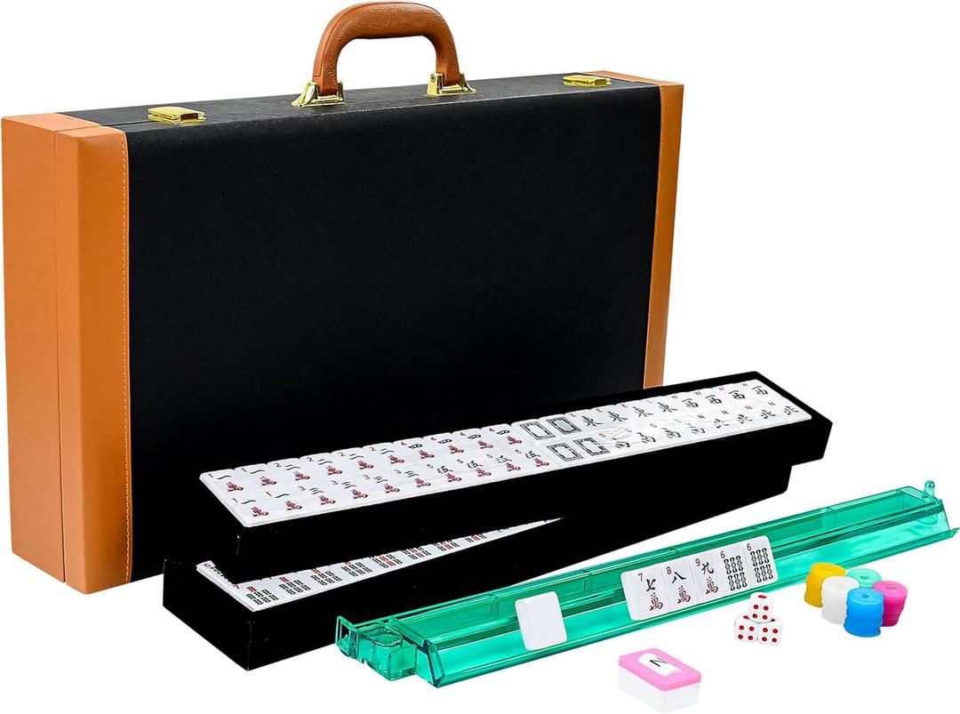 Premium Mahjong Tile Set, American Mahjong Set with 4 Racks and Pushers, 166 Mah Jongg Tiles with Wind Indicator, Dice & Chips, Manual, All In One Mahjong Gifts for Travel (Black Leatherette Case)