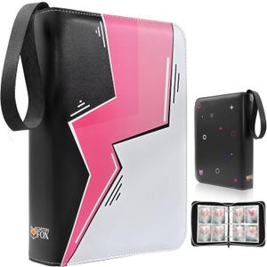 Trading Card Binder, 4 Pockets Card Holder, 55 Double Sided Removable Pages, 440 Card Sleeves, Toploader Binder, Portable Album Holder, Storage Box for Trading Cards (Pink Thunder)