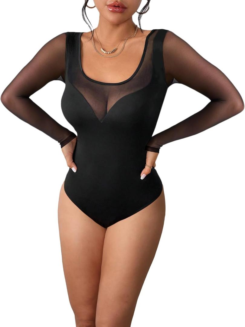 Pasgreson Women's Sexy long sleeve Bodysuit See Through Tops Party Night Out Club Outfits Slim Leotard Body Suits (Medium, 01- Black)