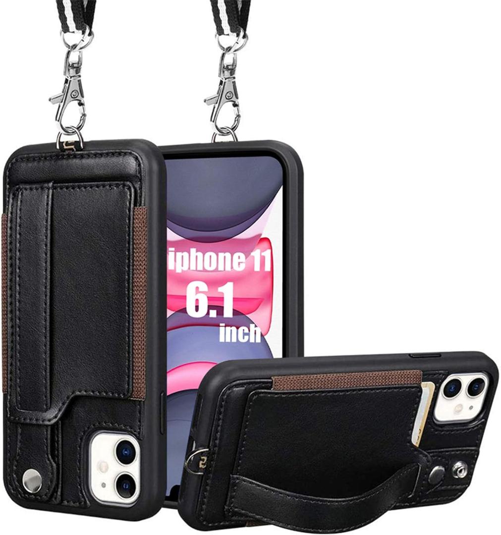 TOOVREN for iPhone 11 Wallet Lanyard Case Protective Cover with PU Leather Card Holder Adjustable Detachable Phone Lanyard Stand Strap for iPhone 11 6.1 Inch 2019 Black