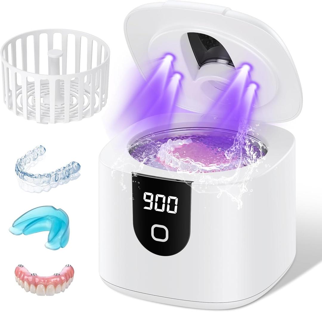 45kHz Ultrasonic Retainer Denture Cleaner Machine, Fast Cleaning for Aligners, Mouth Guards, Braces, Toothbrush Heads & Jewelry, 200ML Dental Cleaning Pod, 4 Modes & Digital Timer, White