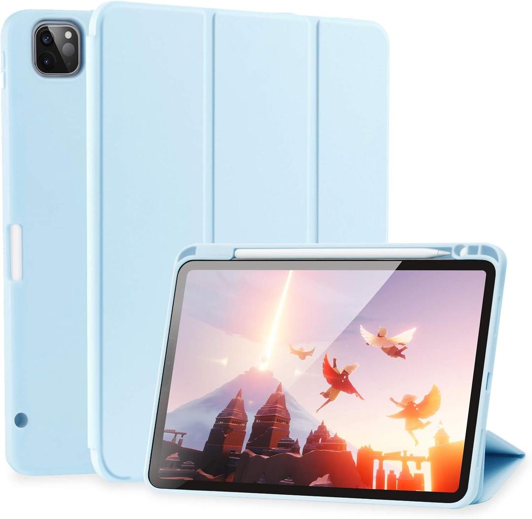 SIWENGDE Cases for iPad Pro 12.9 Case 6th/5th/4th Generation (2022/2021/2020) with Pencil Holder [Apple Pencil Wireless Charging] Soft TPU Smart Tri-fold Stand Protective Cover(Light Blue)