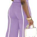 Ulovmi Women's Two Piece Outfit Slim Fit Top Wide Leg Pants Striped Tracksuit Loungewear Casual Outfit Set (Purple, L)